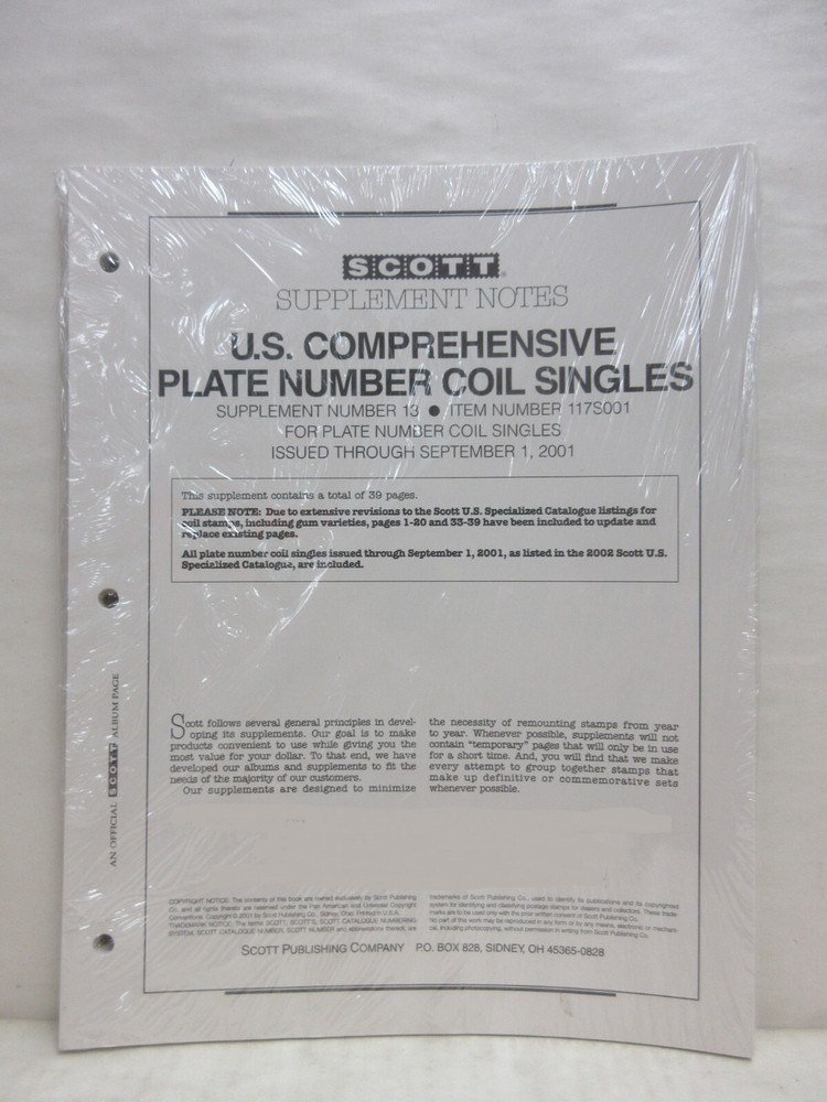 Scott US Plate Number Coil Singles Supplement #13 Stamp Album Pages 117S001