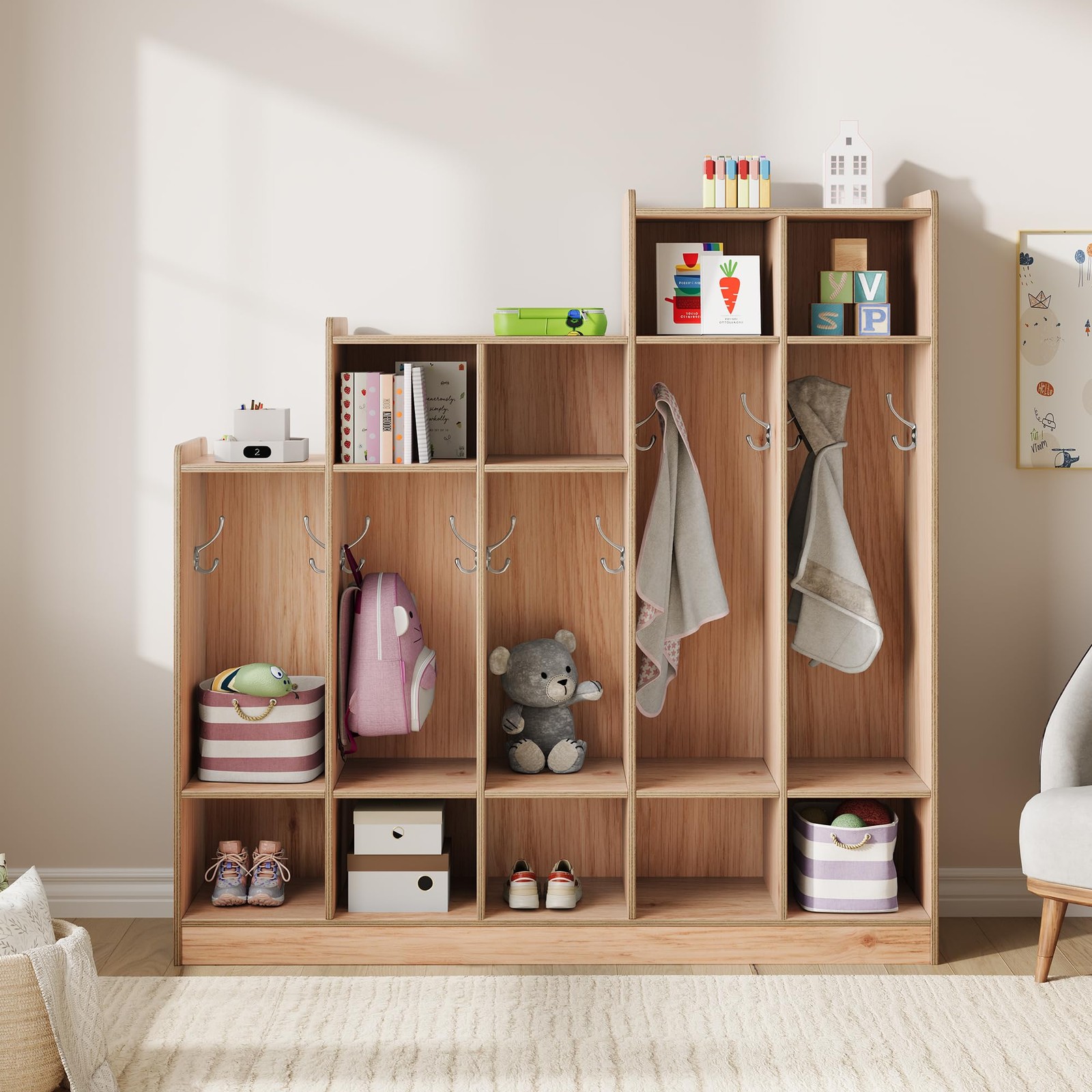 Classroom Coat Locker 5-Section 9 Cubbies 10 Hooks Natural Wood for Home School