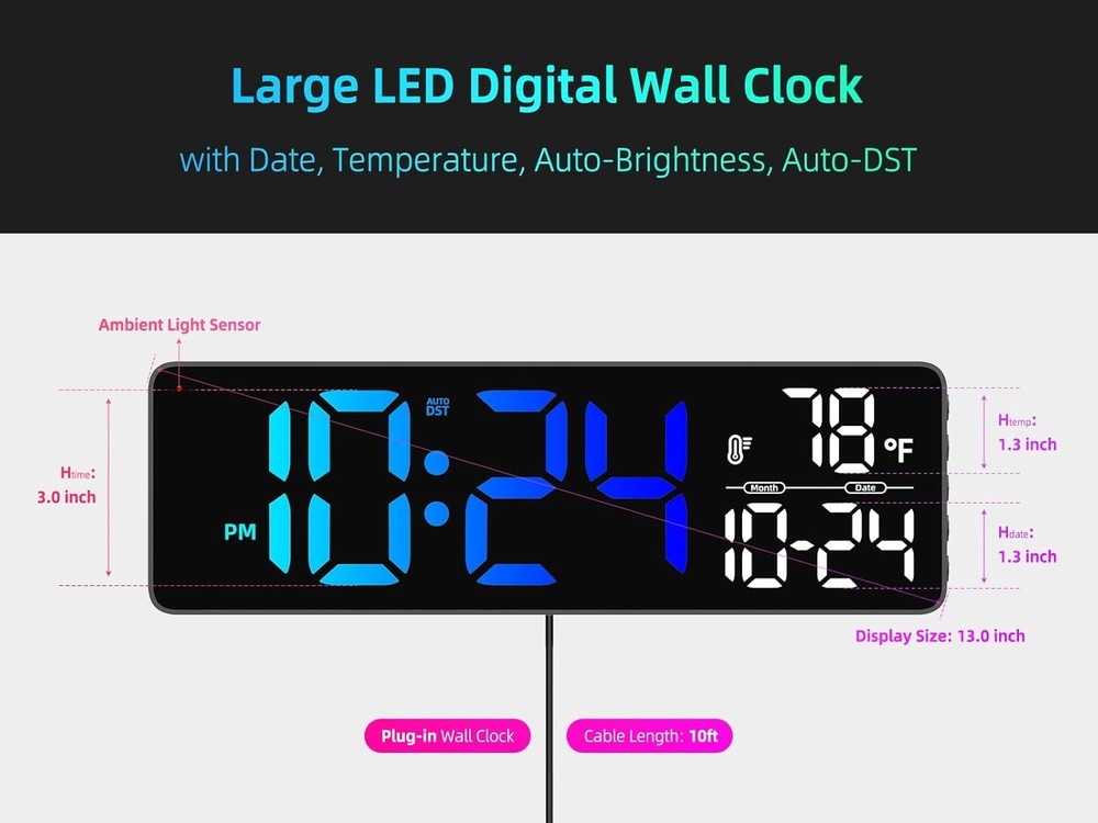 Large LED Digital Wall Clock W/ Date Temperature Auto-Brightness Auto-DST