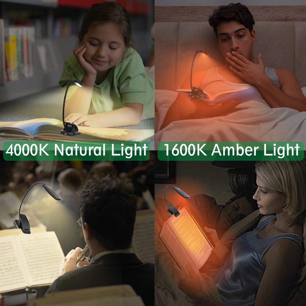 Rechargeable Book Reading Light Amber LED USB Bendable Neck Adjustable Black