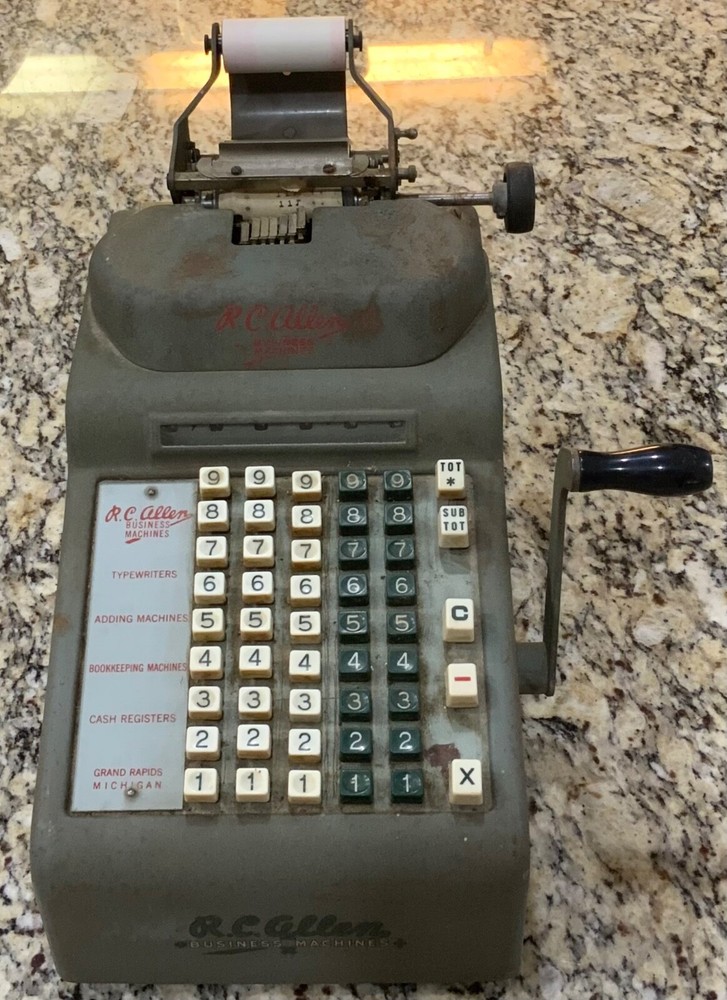 Vintage RC Allen Business Adding Machine Model Adding Machine with Hand Crank