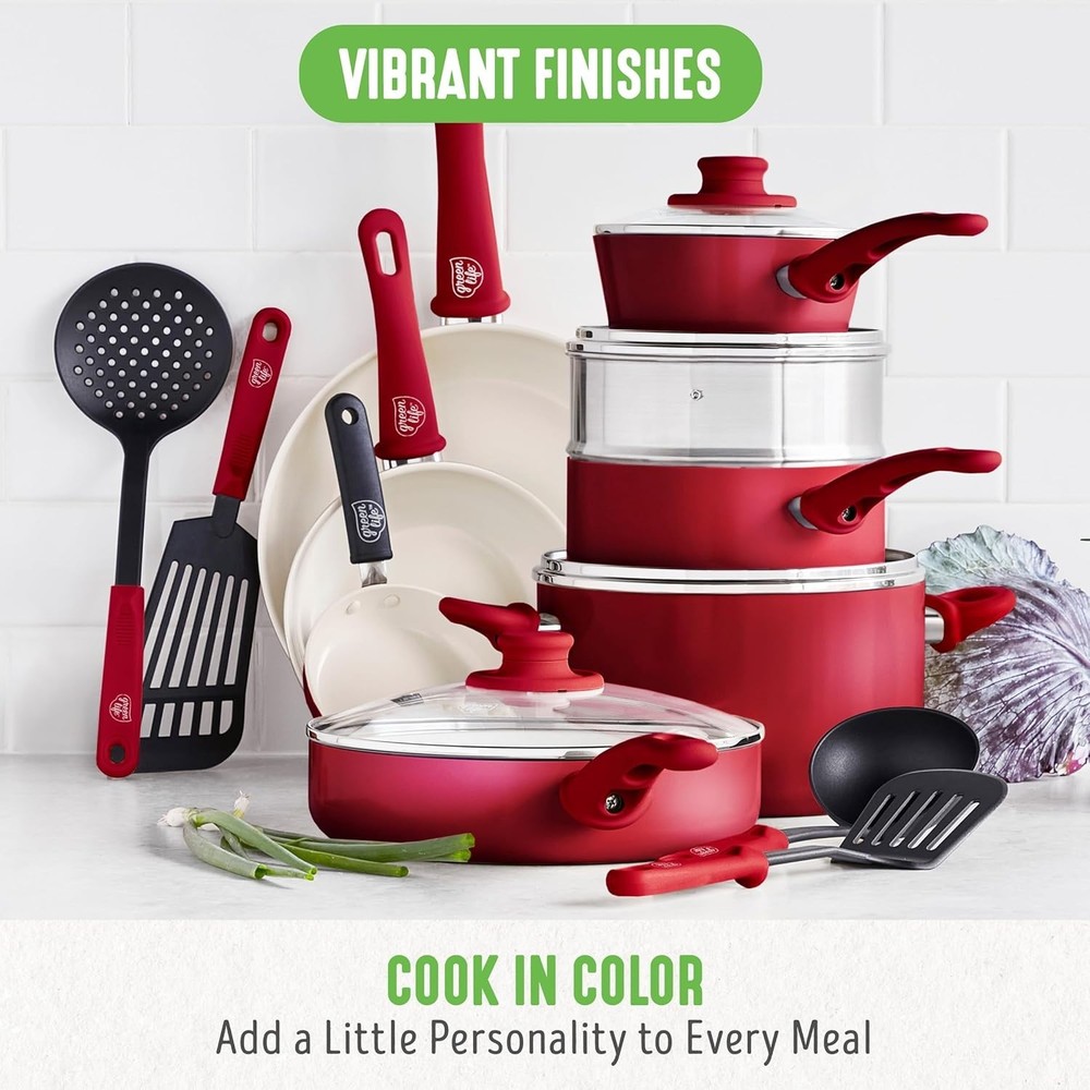 16-Piece Nonstick Ceramic Cookware Set, Red