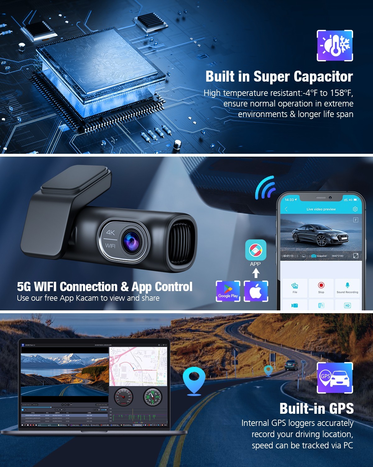 4K Dash Cam Front and Rear Dash Camera Car DVR WiFi APP GPS with 64GB Card