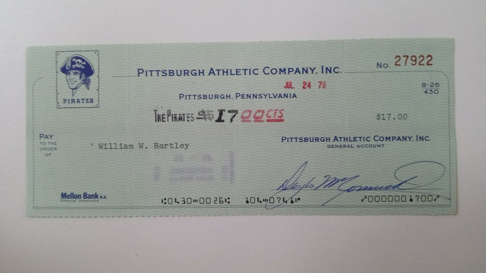 William W. Bartley: 1978 Pittsburgh Pirates Expense Check