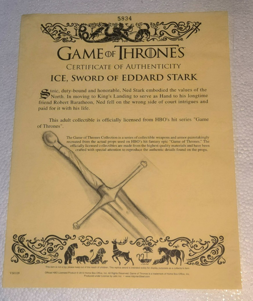 Original Game of Thrones Eddard Stark ICE Sword Replica HBO Licensed RARE w/box