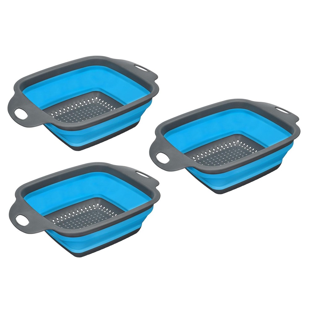 3Pcs Collapsible Colander Set Silicone Square Foldable Strainer Blue Large