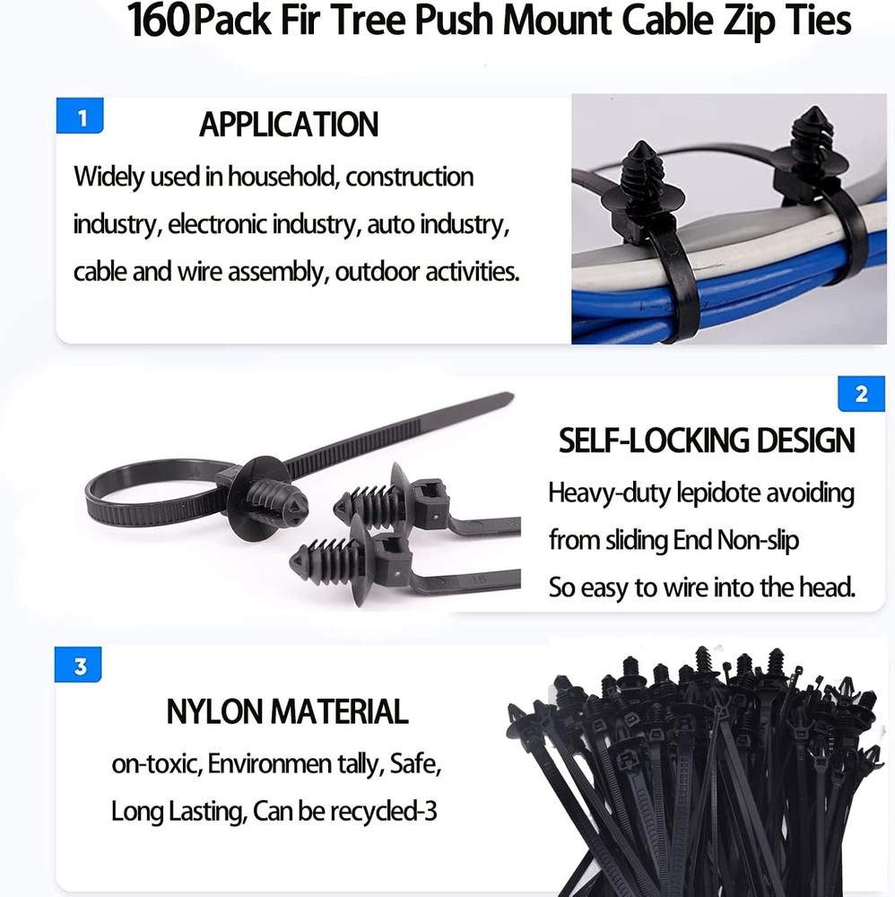 160Pcs Universal Nylon Push Mount Cable Zip Tie, Self Locking Cable Strap,Heavy