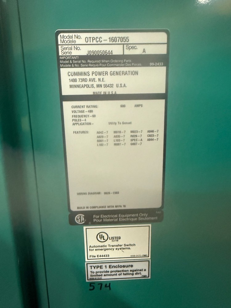 Cummins Automatic Transfer Switch 480v 3 phase 600 amp