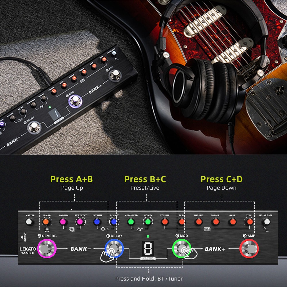 LEKATO Multi Effects Guitar Pedal Processor BT/36 Presets/4 Modules/IR CAB Tuner