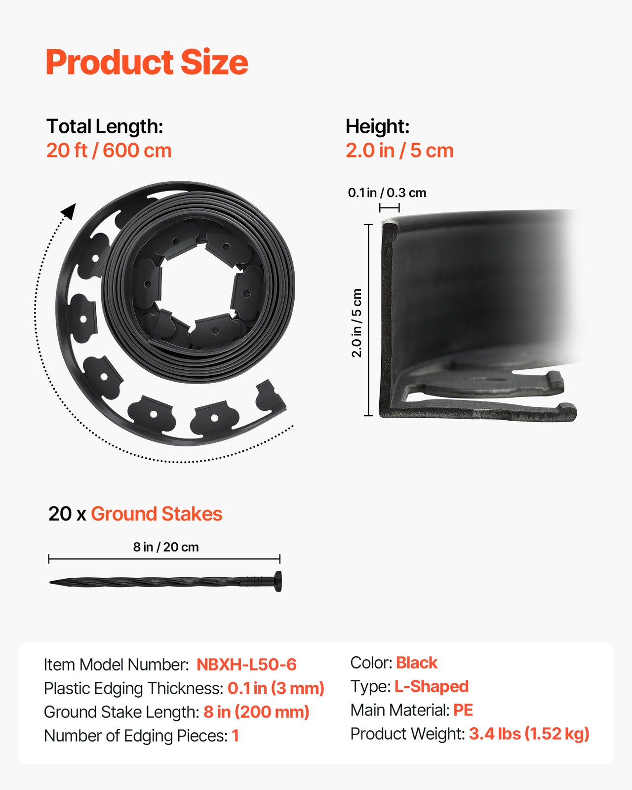 Uimoso 20ft x 2in L-Shaped Plastic Garden Edging, Durable No-Dig Border