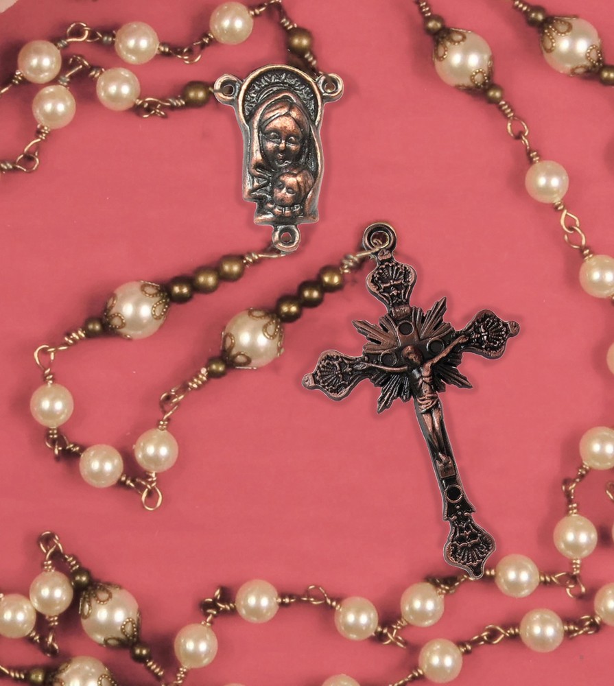 Catholic Rosary Handmade Unbreakable, White Crystal Pearls, Copper Crucifix