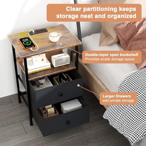 Nightstand with Charging Station, Bedsid End Table with 2 Fabric Drawer for