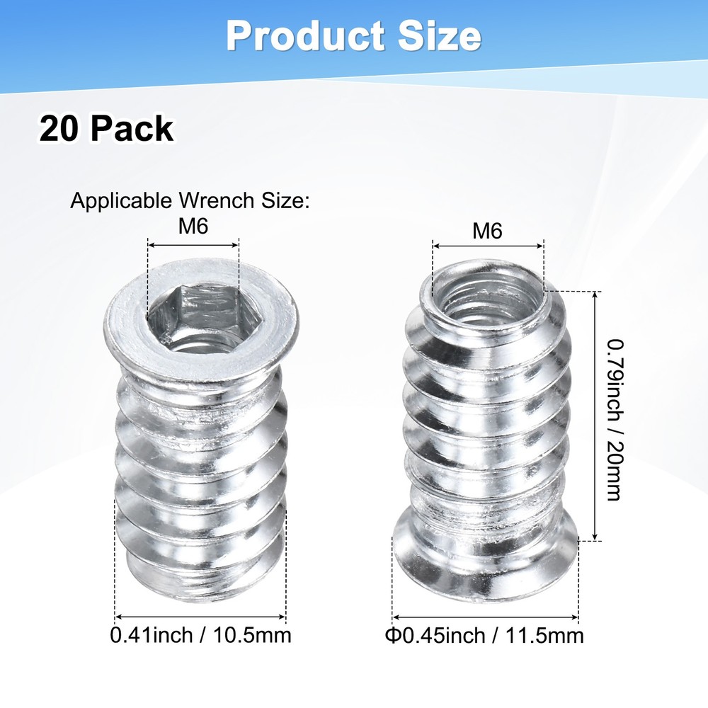 20-Pack Threaded Inserts for Wood, M6x20mm Threaded Insert Nuts [Silver Tone]