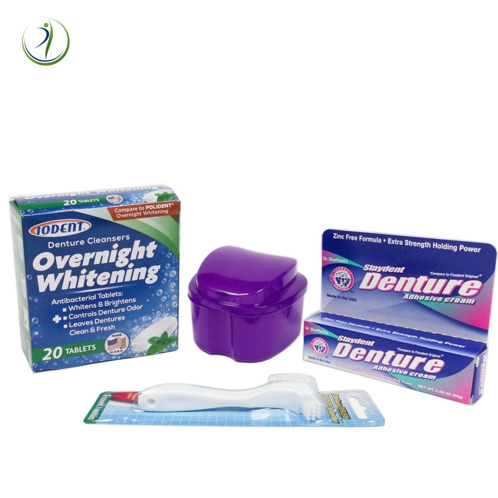 Denture Cleaning Kit Tablet Cleaner Tablets Bath Case Brush Adhesive Cream Scope