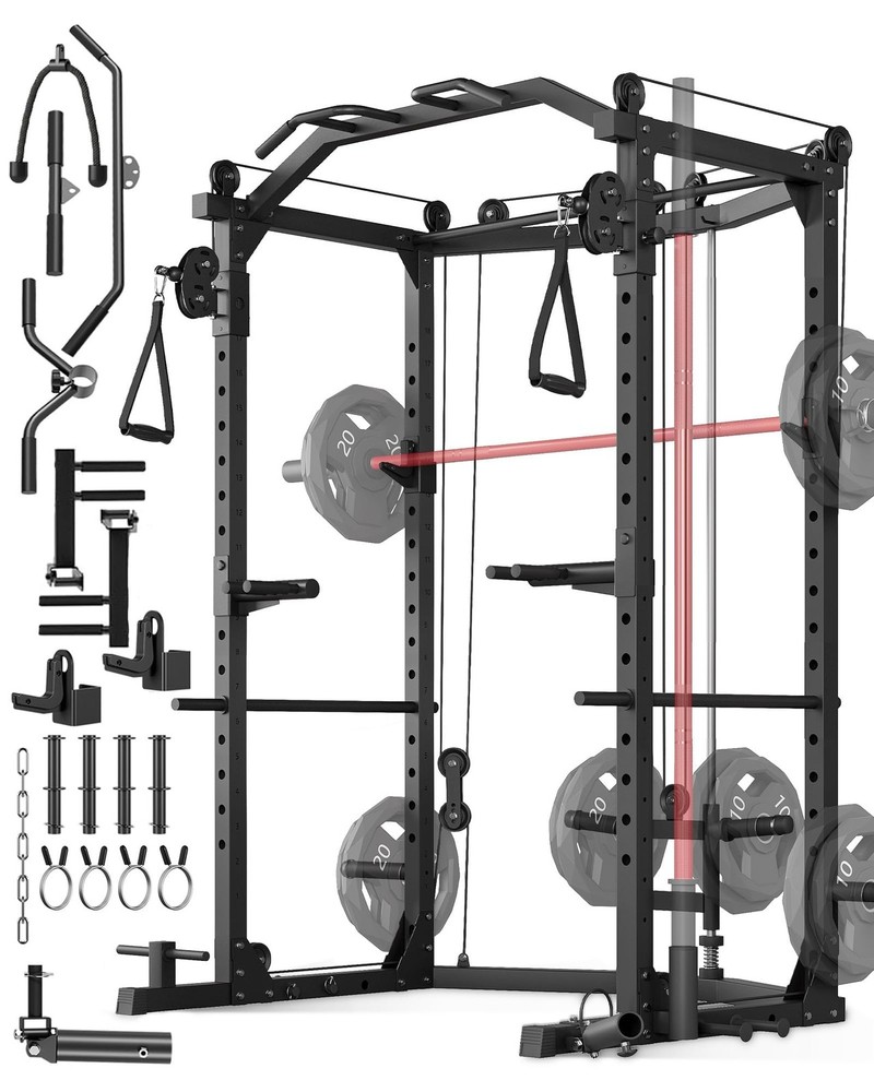 Power Cage Multi-Function Power Rack Home Gym with J Hooks Dip Bar Pulley System