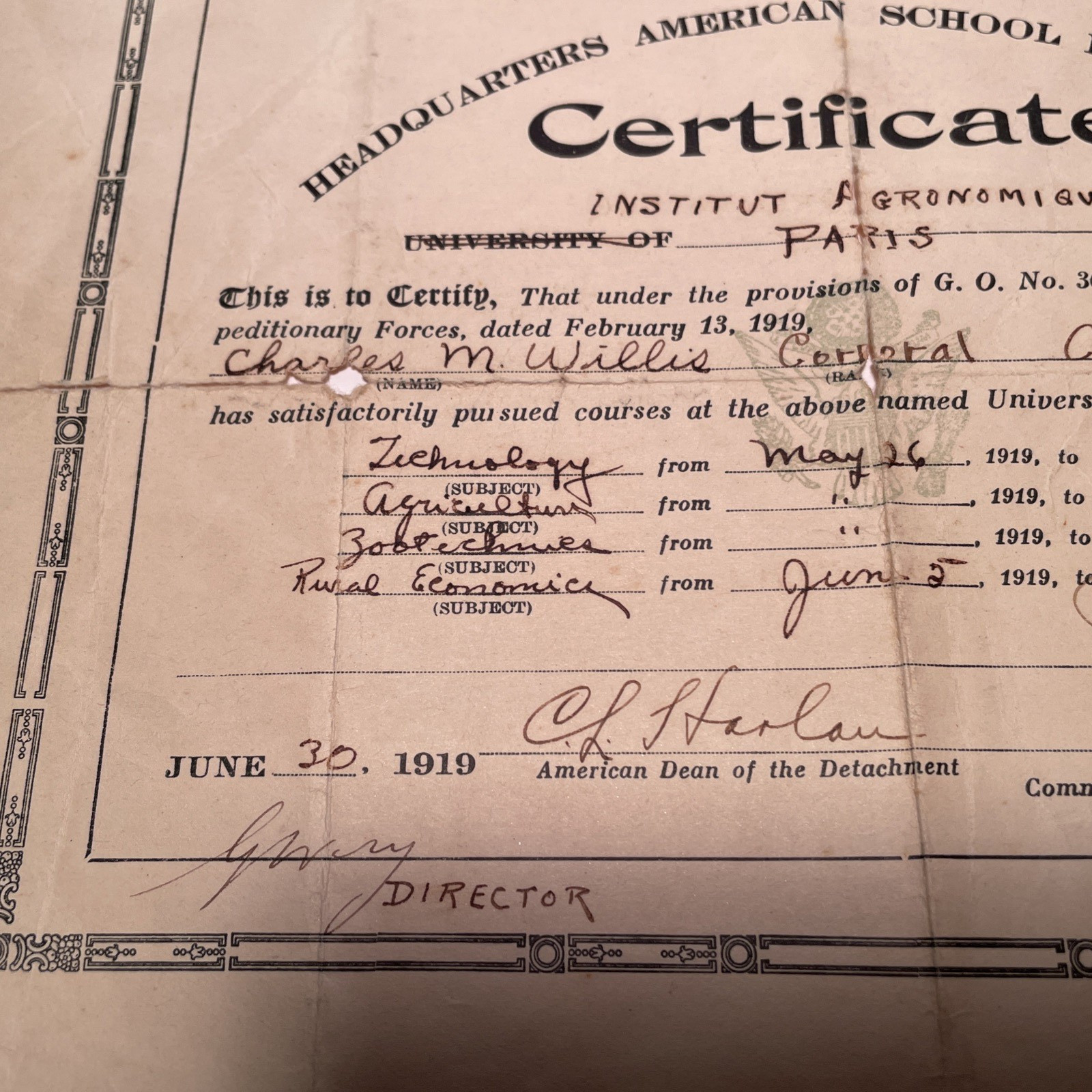 1919 ORIGINAL WW1 School of Detachment Paris France Certificate Army QMC June