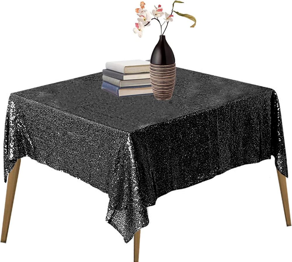 Black Sequin Tablecloth 50" X 50" Square Glitter Table Cover Metallic Sequence T