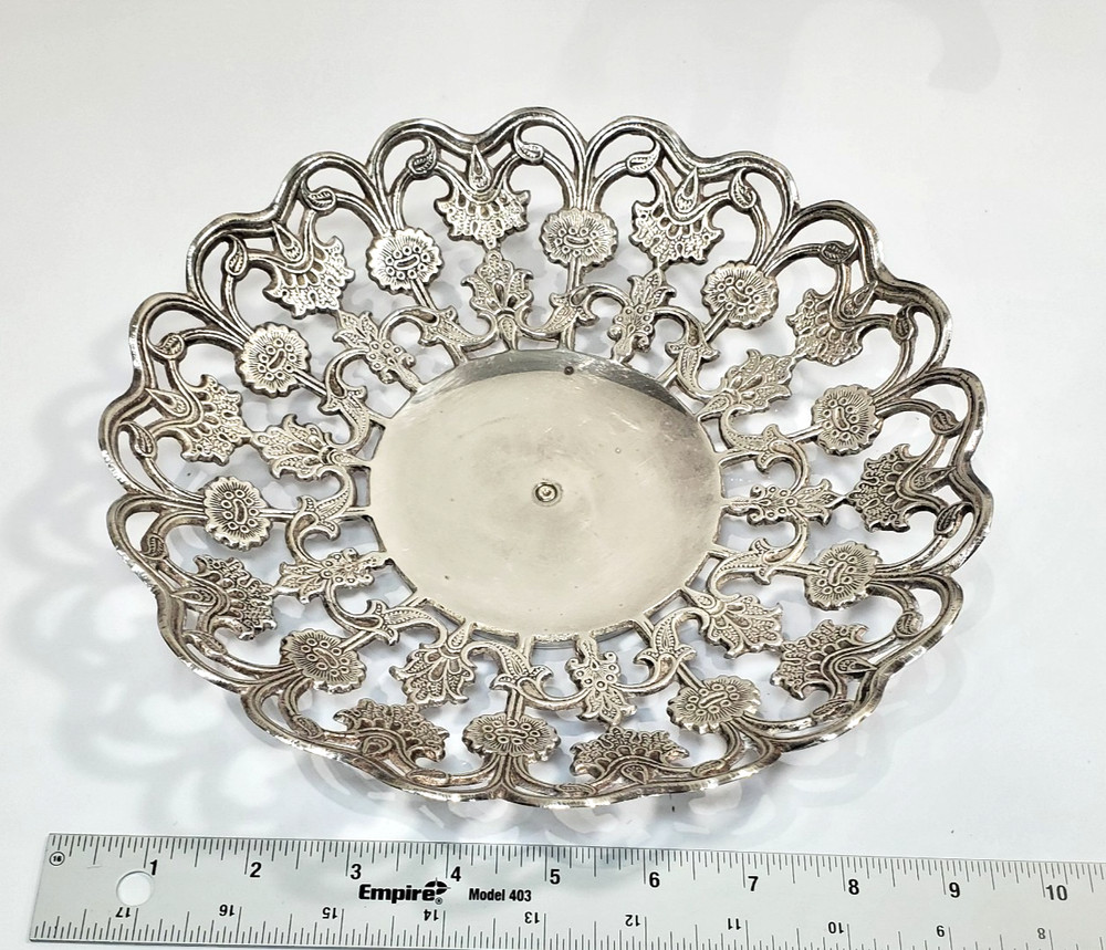 Silver Tone Tart Dessert Serving Dish Cutwork Pattern INDIA 9 1/4" READ