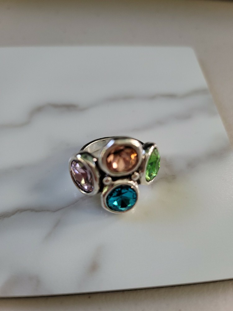 uno de 50 STYLE 4 stone round circle ring crystal Caribbean blue multi silver