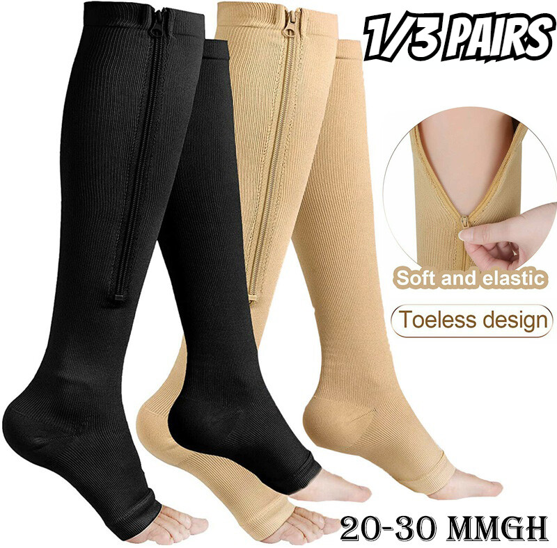 Zippered Compression Socks Open Toe Knee High Circulation Easy On/Off