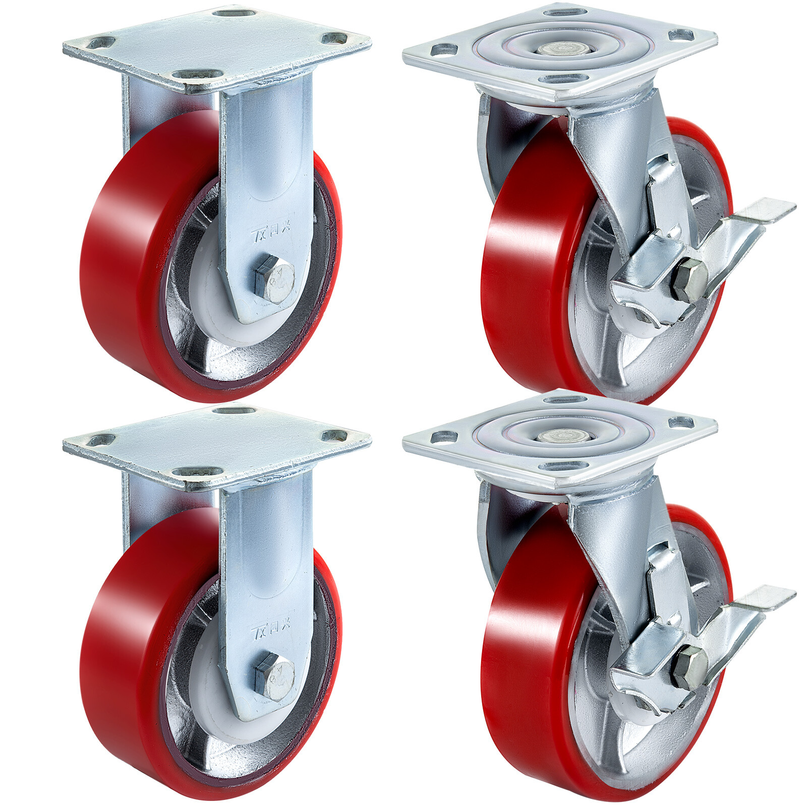 4 Pack Heavy Duty Caster Set 6" Polyurethane on Cast Iron Wheels No Mark Red