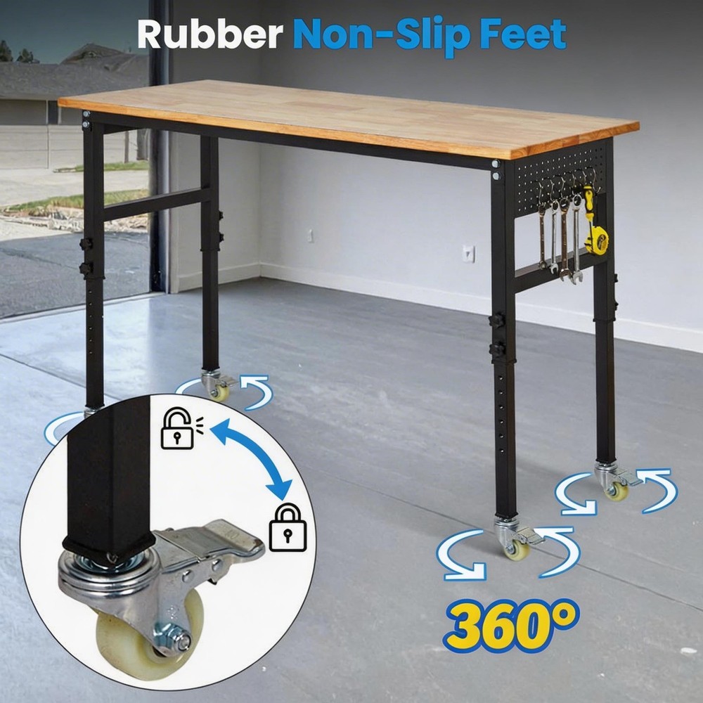 Adjustable Height Workbench 48"x24" Work Bench Table 2000Lbs with Pegboard Hooks