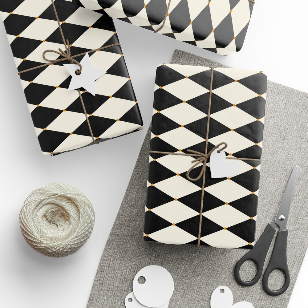 Wrapping Papers, Chic Cream Gold Black Harlequin, diamond pattern wrapper