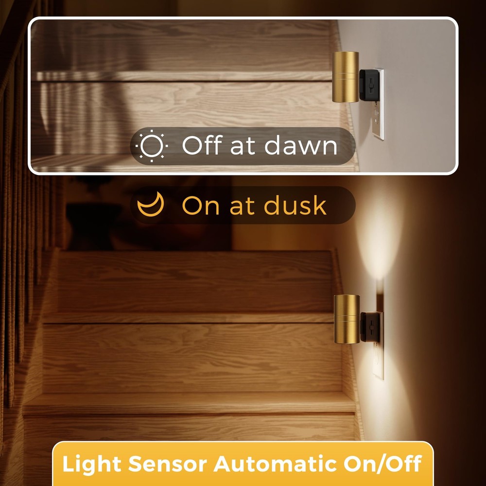 L LOHAS LED Night Light,Dimmable Lights Plug into 2 Pack, Metal Gold