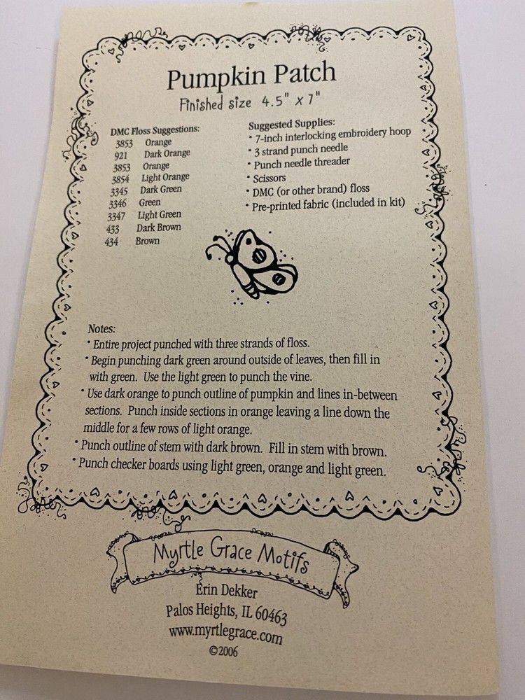 Myrtle Grace Motifs Pumpkin Patch Punch Needle Pattern & Fabric New