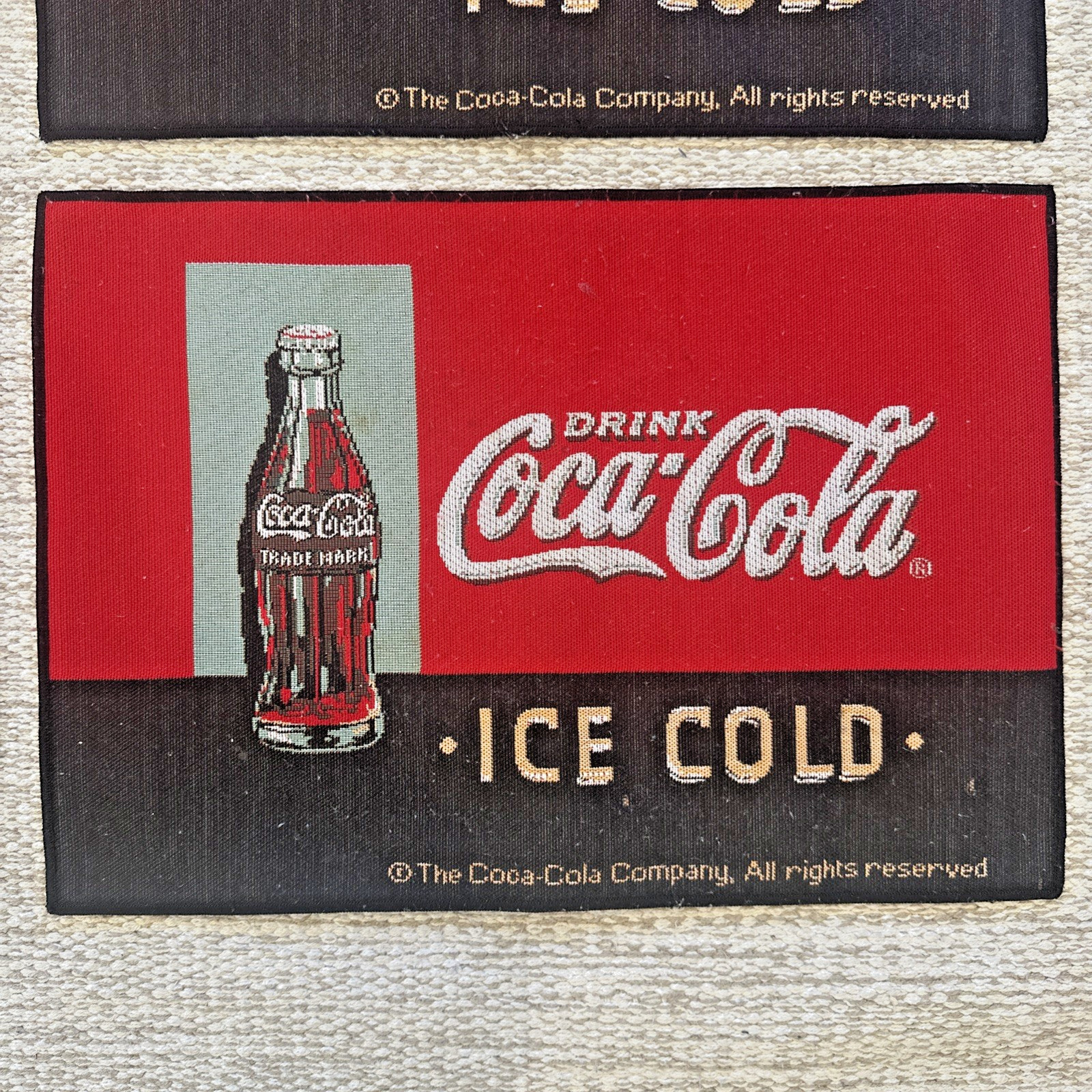 Drink Coca Cola Ice Cold Set of 4 Cloth Table Placemats Red Vtg Coke Ad ~18”x13”