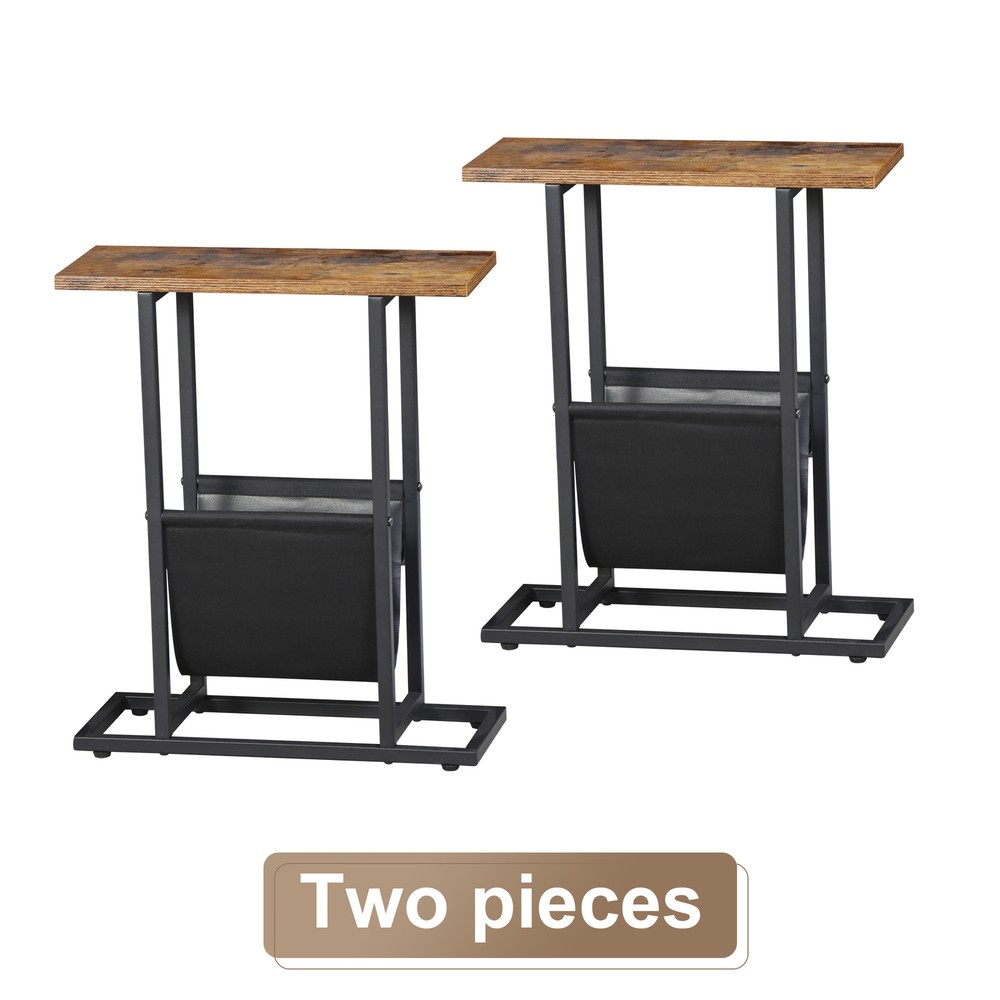 2PCS Small Narrow Side Table End Table Nightstand w/Magazine Holder Rustic Brown