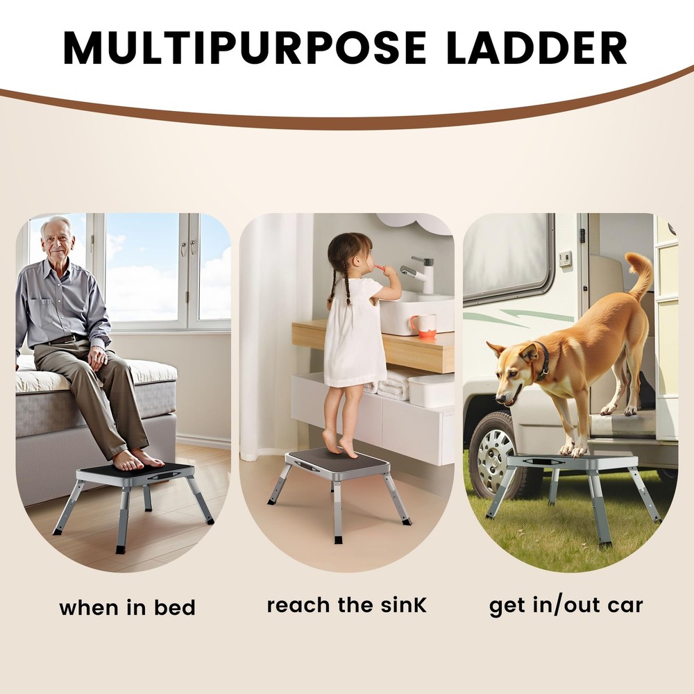 1 Step Stool Folding Height-Adjustable Stool with Anti-Slip Platform Portable...