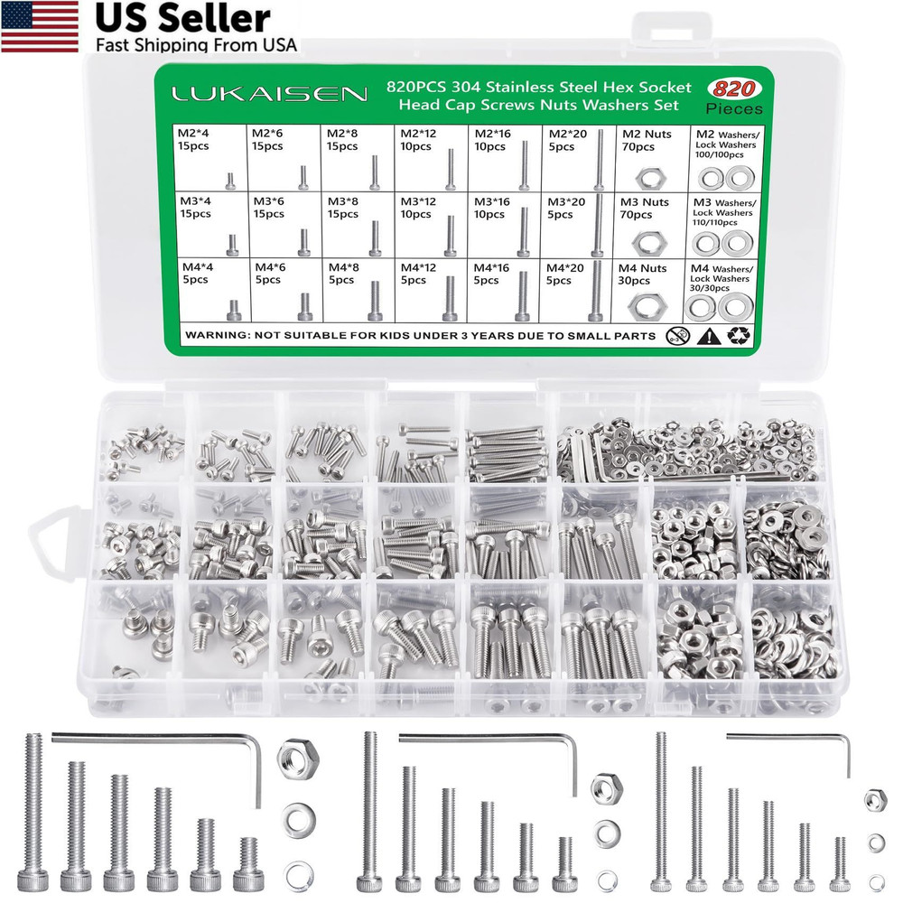 Screws and Nuts, SS M2 M3 M4 820pcs C, 820Pcs Silver Hex Socket Head