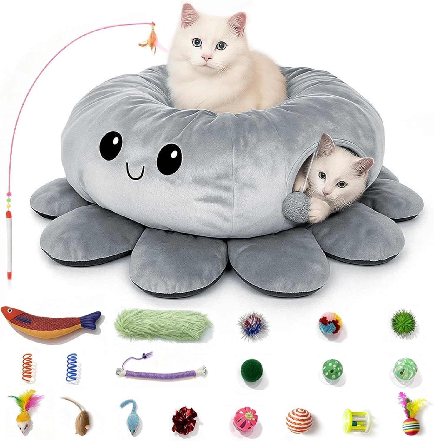 2-in-1 Cat Tunnel Bed with 20 Cat Toys, Washable Peekaboo Cat Cave Bed