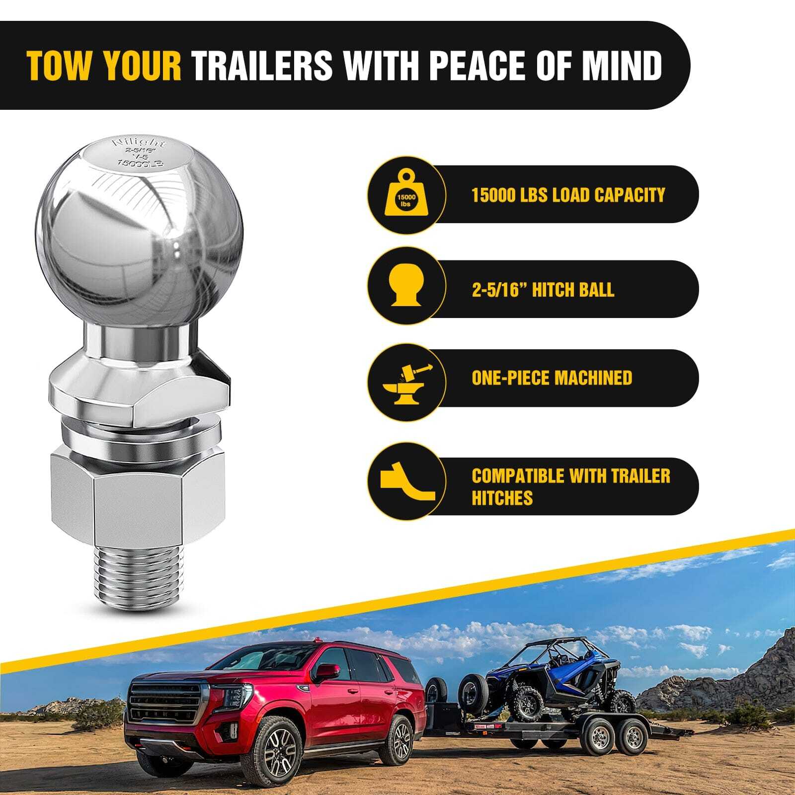 Nilight 2-5/16Inch Chrome Trailer Hitch Ball 1-1/4inch x 2-5/8inch Shank Gray