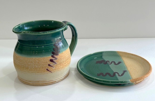 vintage handmade studio pottery PITCHER with PLATE SIGNED