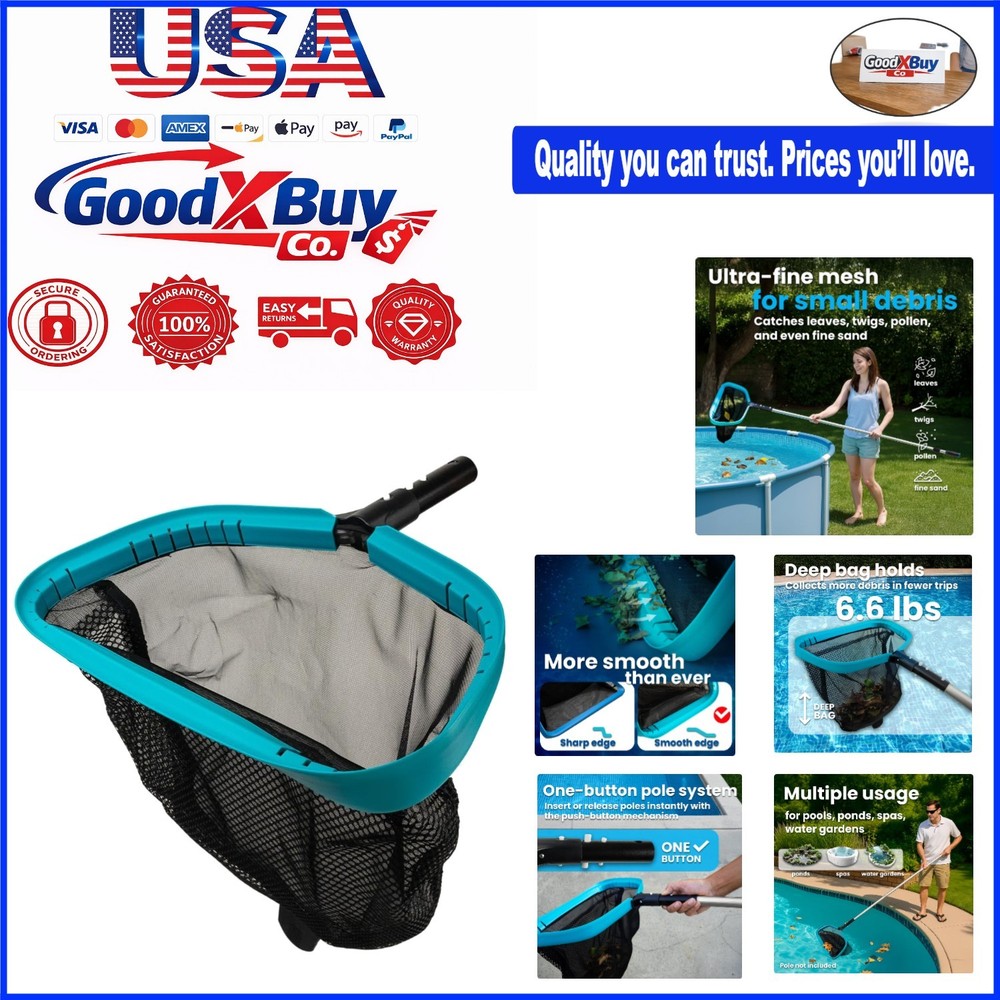 17-Inch Pool Leaf Skimmer Net Sturdy Aluminum Frame Deep Double Layer Easy Sc...