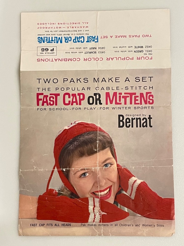 Vintage Bernat Cable Stitch Fast Cap or Mittens Knitting Pattern Instructions