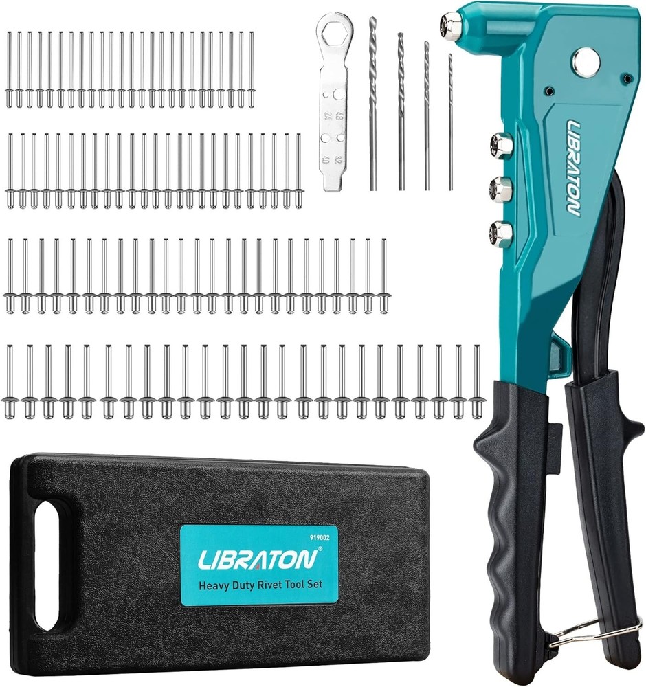 Professional Pop Rivet Gun with 4 Interchangeable Heads & 110 Versatile Rivets