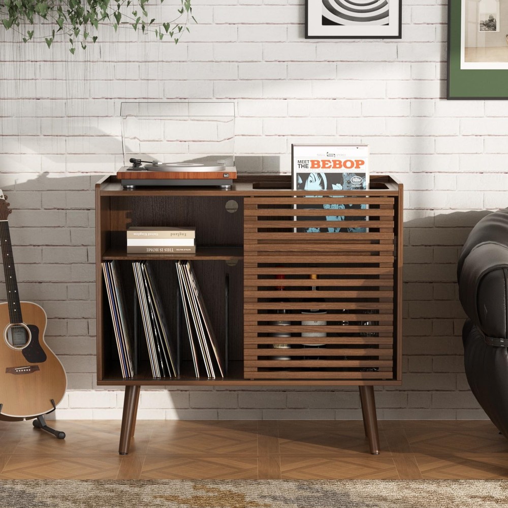 Medieval modern record player stand, featuring a socket and sliding door design.