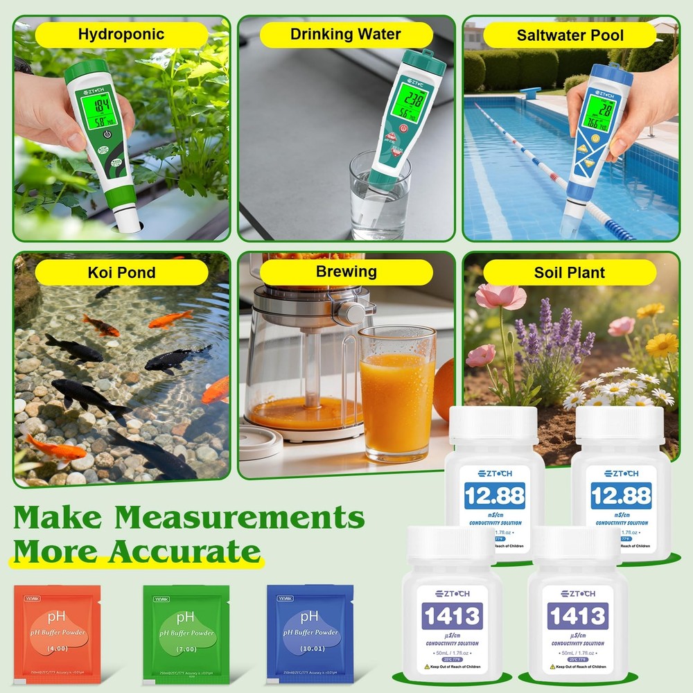 6 in 1 pH H2 Meter with EC Calibration Solution, Extra 1413μS/cm...