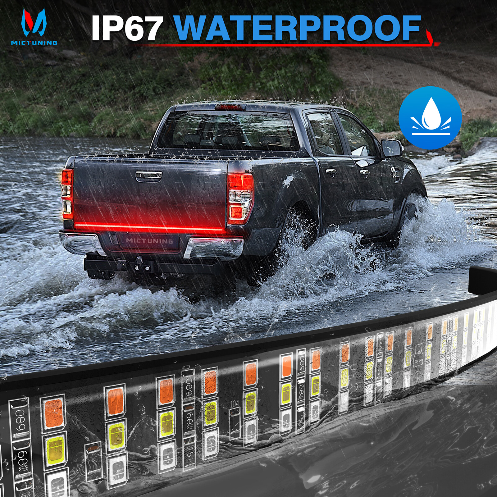 48 Inches Triple 360 LEDs Tailgate Strip Light Waterproof w/4-Way Flat Connector