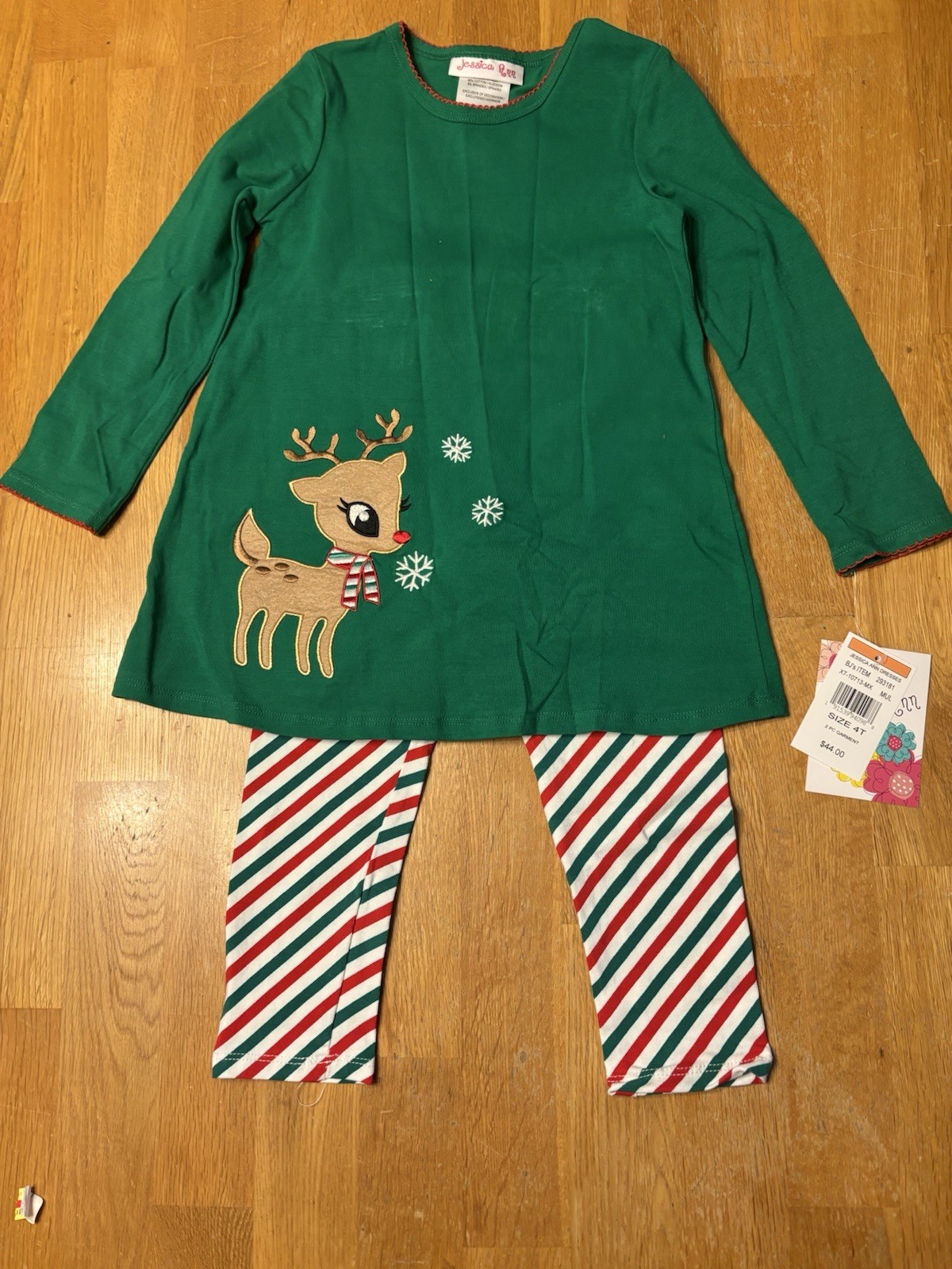 NWT Jessica Ann Reindeer Top And Matching Striped Leggings Size 4T