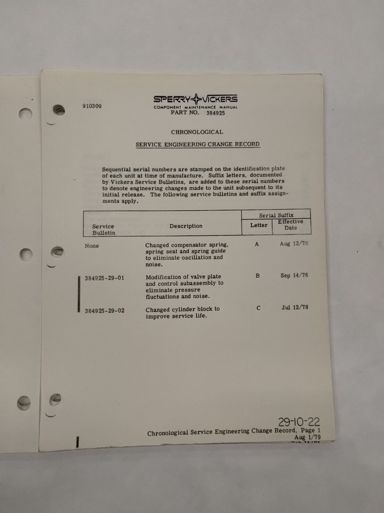 Sperry Vickers Variable Displacement Hydraulic Pump Assembly Maintenance Parts