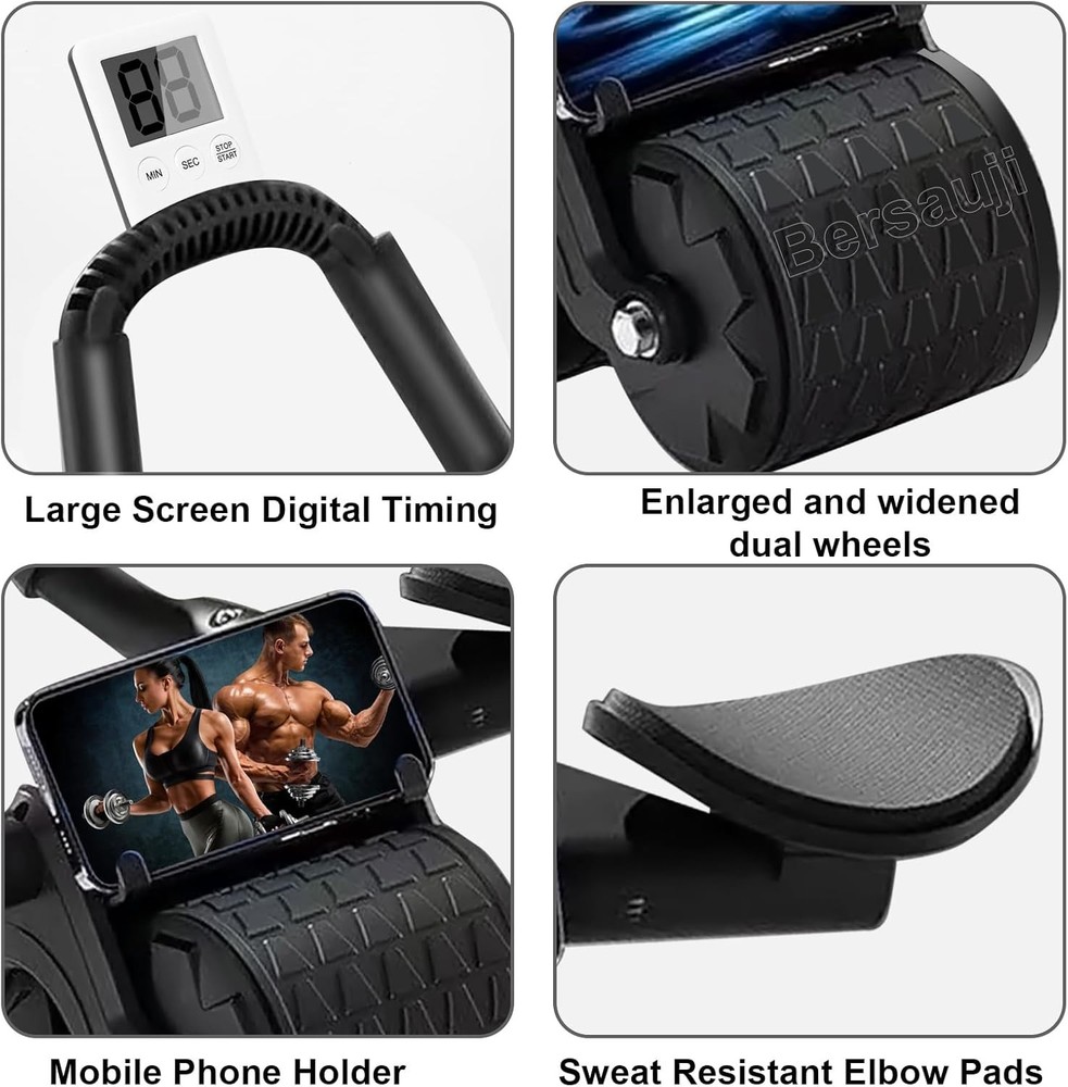 2025 New Ab Roller Wheel with Timer & Knee Mat,Automatic Rebound Black