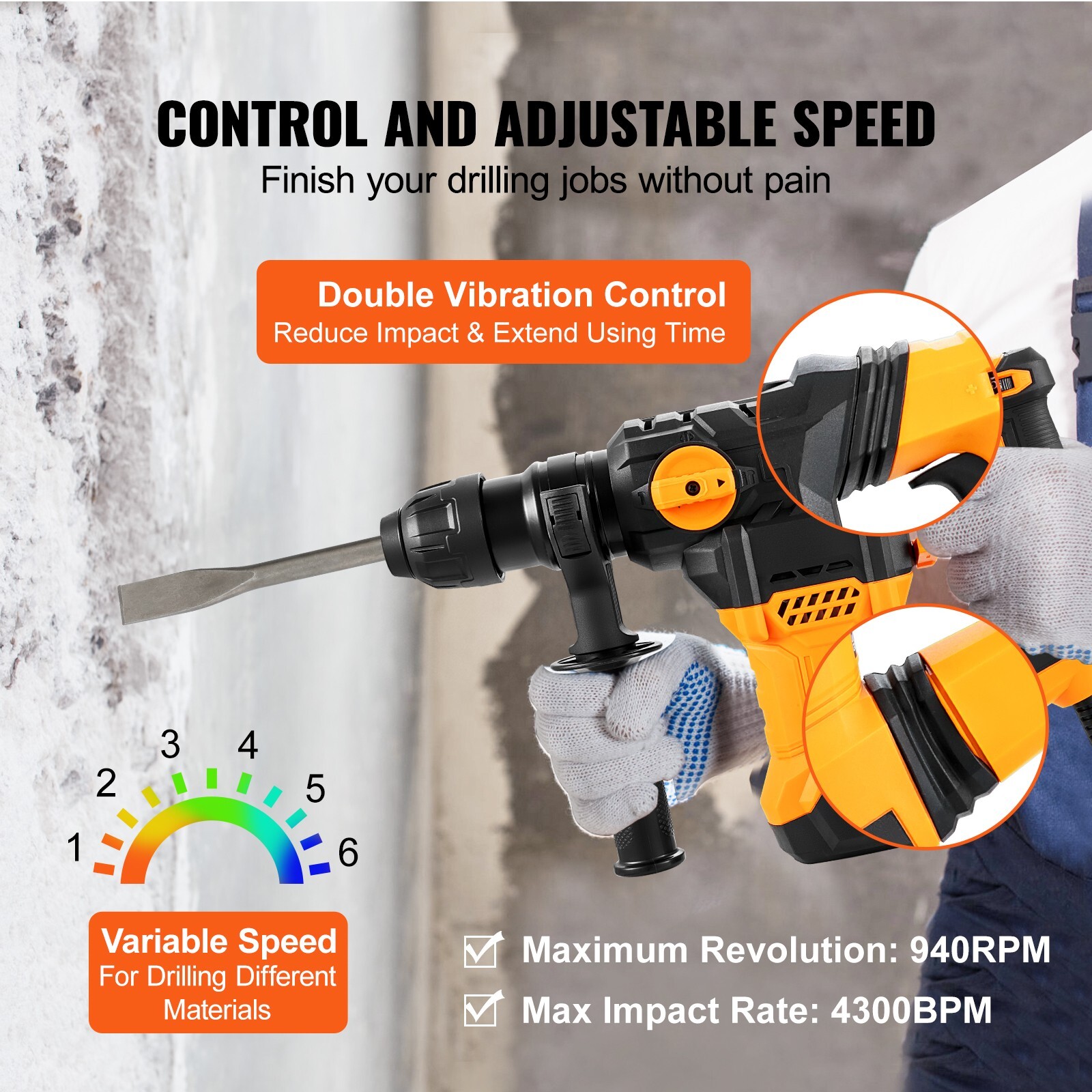Rotary Hammer Drill Corded Drills 1-1/4" 4 Modes SDS-Plus Chipping Hammers