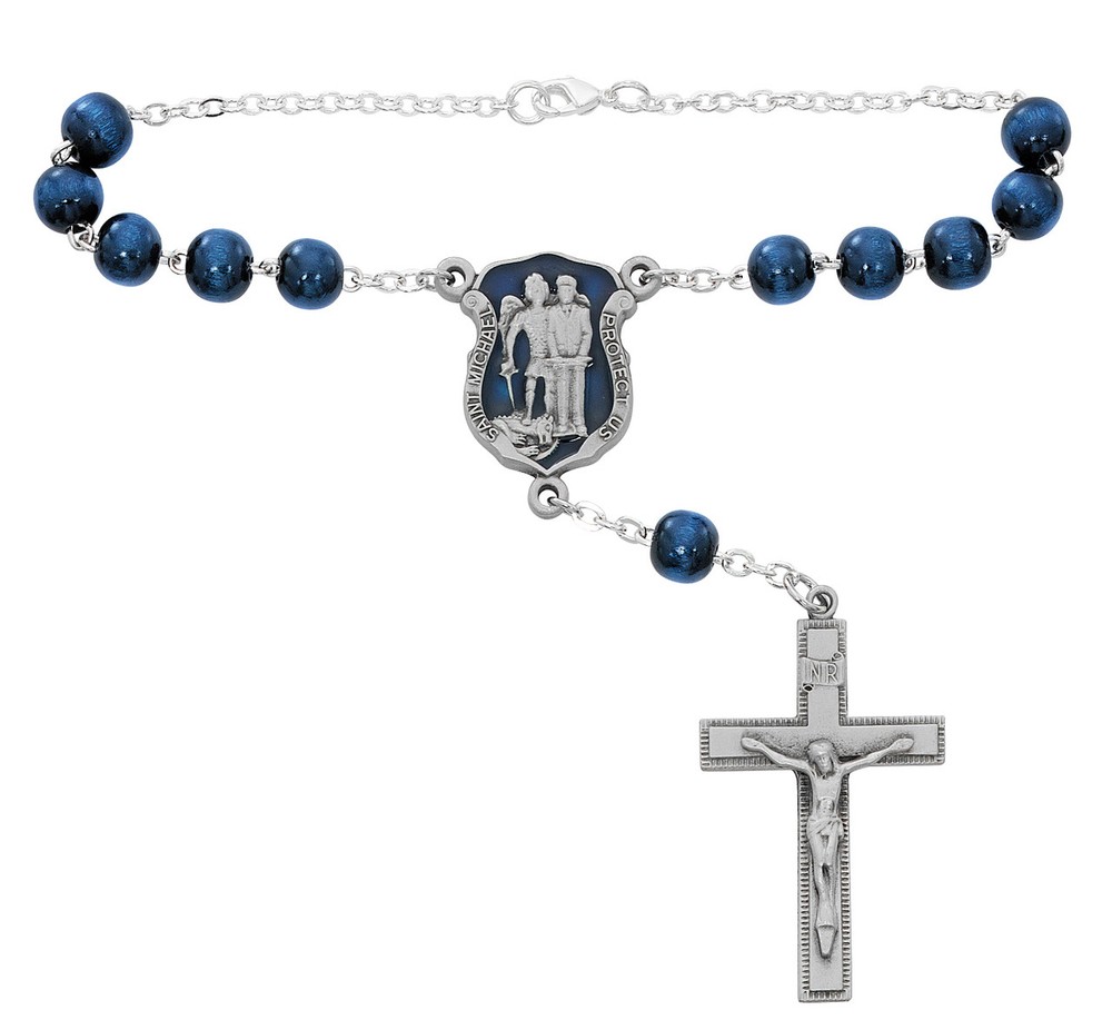 Police Officer's Auto Rosary with a Blue Enameled St. Michael Pendant