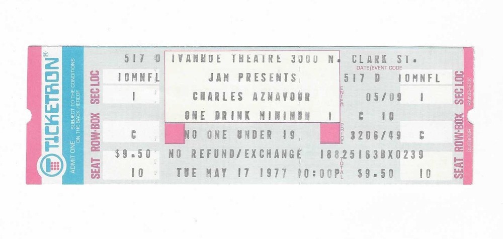 Charles Aznavour unused Concert Ticket from May 17, 1977 Ivanhoe Theatre Chicago