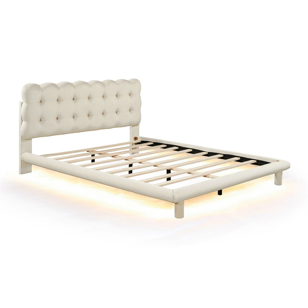 Queen Size Bed Frame Upholstered Platform Bed Frame with LED Light US