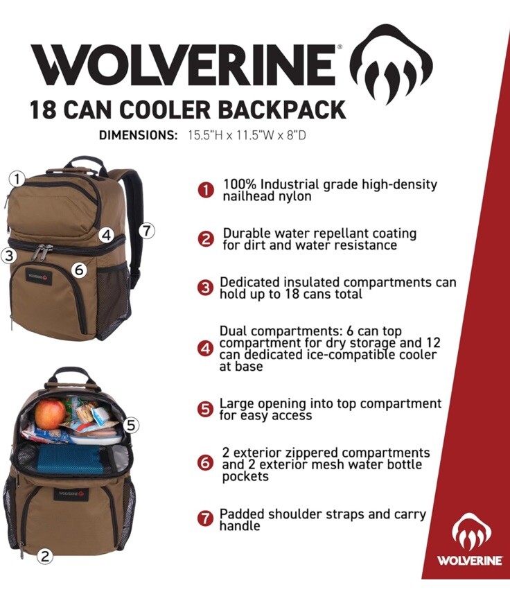 NWT Wolverine 18-Can Cooler Backpack Durable Nailhead Nylon Dual Compartment